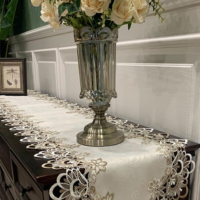 AMZALI Macrame Table Runners for Party, 70inch Runner Lace Floral Embroidered Rectangle Dresser Scarf Wedding Tabletop Table Decorations for Home and Dining Room Beige & White