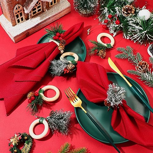 EBOOT Red Christmas Cloth Napkin & Ring Set with Pine Cone & Red Fruit Variation