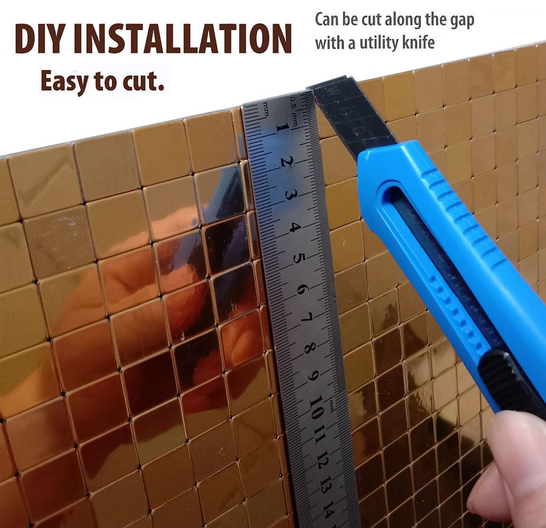 XUANINY Self-Adhesive Metal Backsplash, Peel and Stick Tile for Kitchen Brushed Aluminium Surface backsplash (11.73"x11.73",10) (10 Golden Mirror)