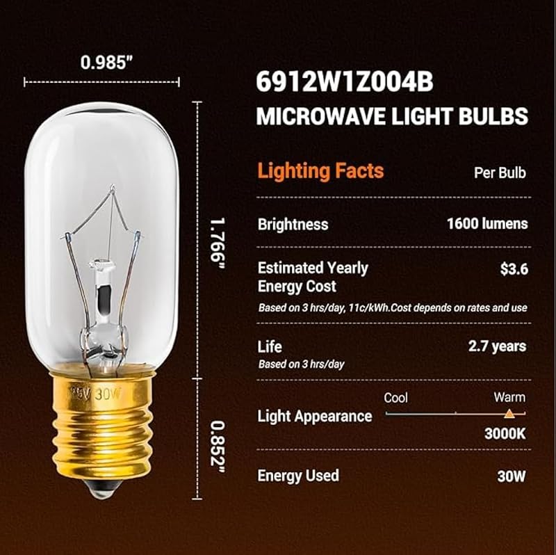 E17 Microwave Light Bulb 125V 30W Dimmable - 2 Pack Warm White