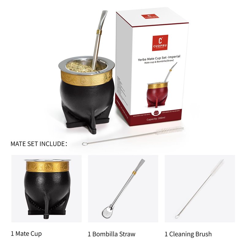 Cuopru Premium Argentina Imperial Yerba Mate Cup with Bombilla Mate (Straw) Set, Baroque Style, Leather Gourd, 304 Stainless Steel Inner (Black)