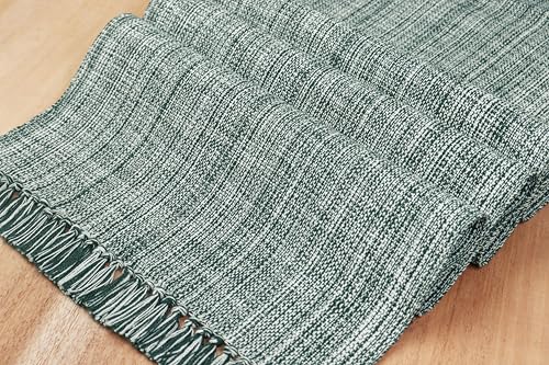 Chambray Table Runner with Fringes - Forest Green & H.White