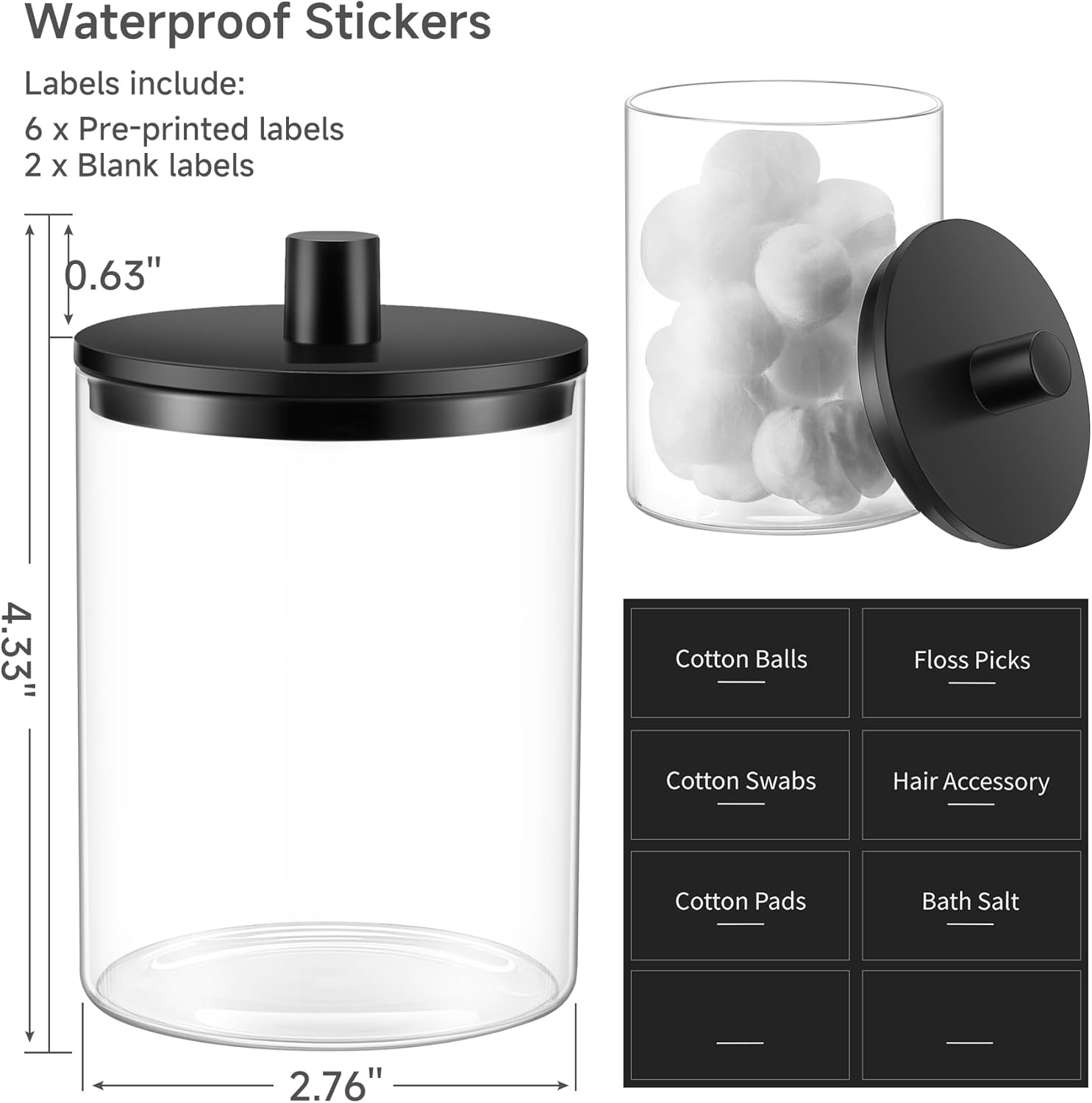 TIPGO Glass Qtip Holder Dispenser - 10 oz Clear Canister for Cotton Swabs & Makeup Storage | 2 Pack, Black
