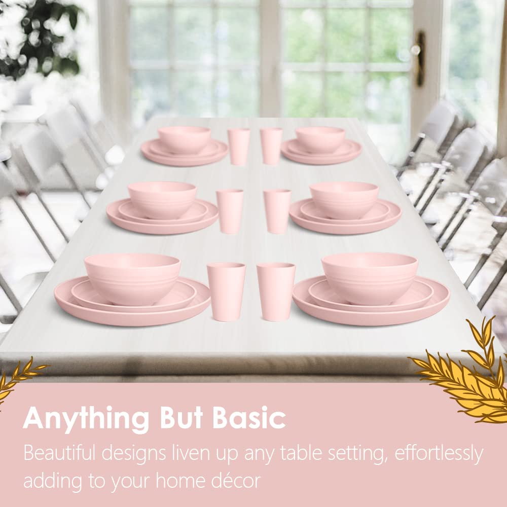 Teivio 16-Piece Kitchen Plastic Wheat Straw Dinnerware Set, Service for 4, Dinner Plates, Dessert Plate, Cereal Bowls, Cups, Unbreakable Plastic Outdoor Camping Dishes,Pink