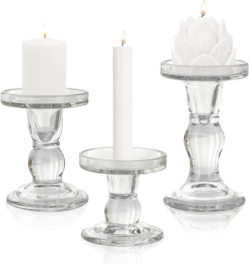 Crystal Clear Glass Candle Holders by [Brand Name] - Elegant 3-Piece Set for Pillar, Taper & Tea Light Candles