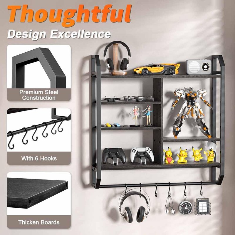 Nidouillet 34" Gaming Floating Shelves, Large LED Wall Mounted Display Shelf, Adjustable Hanging Pipe Shelf Bookshelf with Lights 6 Hooks for Game Living Room Bedroom Coffee Bar Kitchen Decor Black