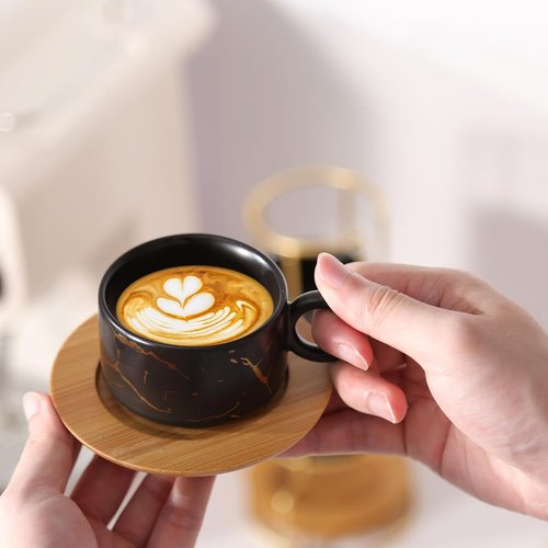 LURRIER Porcelain Espresso Cups Set - Stackable 3 Oz Ceramic Mugs with Saucer & Metal Stand | Black (Set of 4)