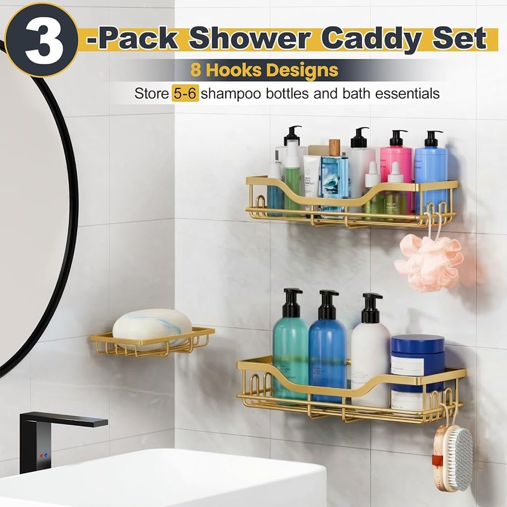 OMAIRA Shower Caddy - 3-Pack Rustproof Organizer with Soap Holder for Smooth Wall & Glass Tile (Gold)