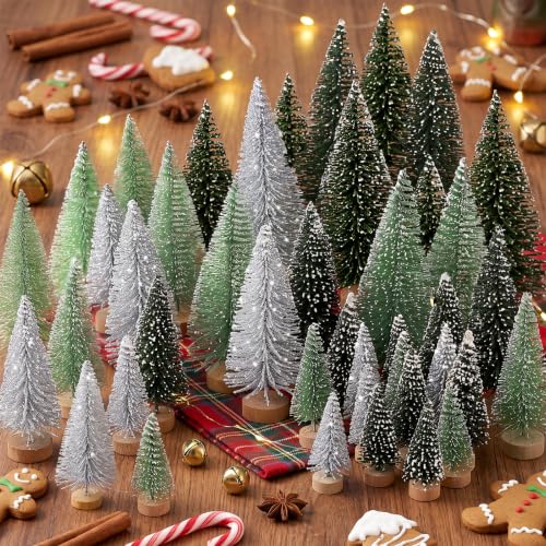 Hatisan 30pcs Mini Christmas Trees Artificial Snowy Bottle Brush Trees with Wooden Base - Silver