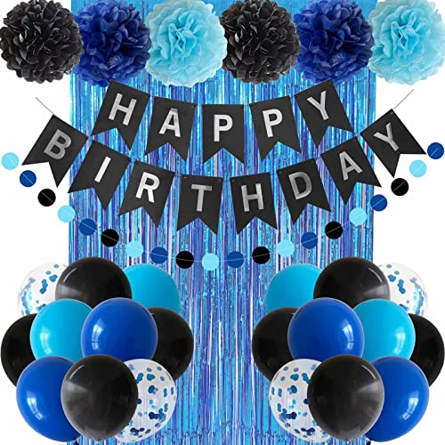Blue and Black Birthday Party Decoration Kit with Banner, Balloons and Curtain