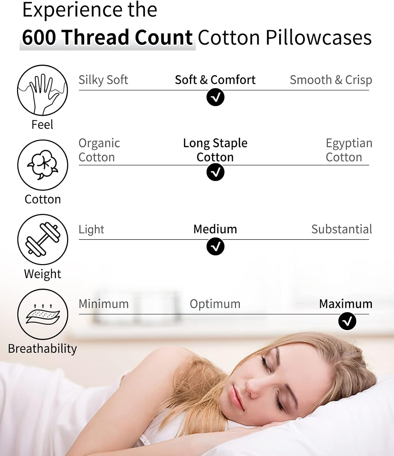 Warmstar Cotton Pillow Cases - Soft 600 Thread Count Standard Size Set of 2 | Breathable White 20x26 Inches