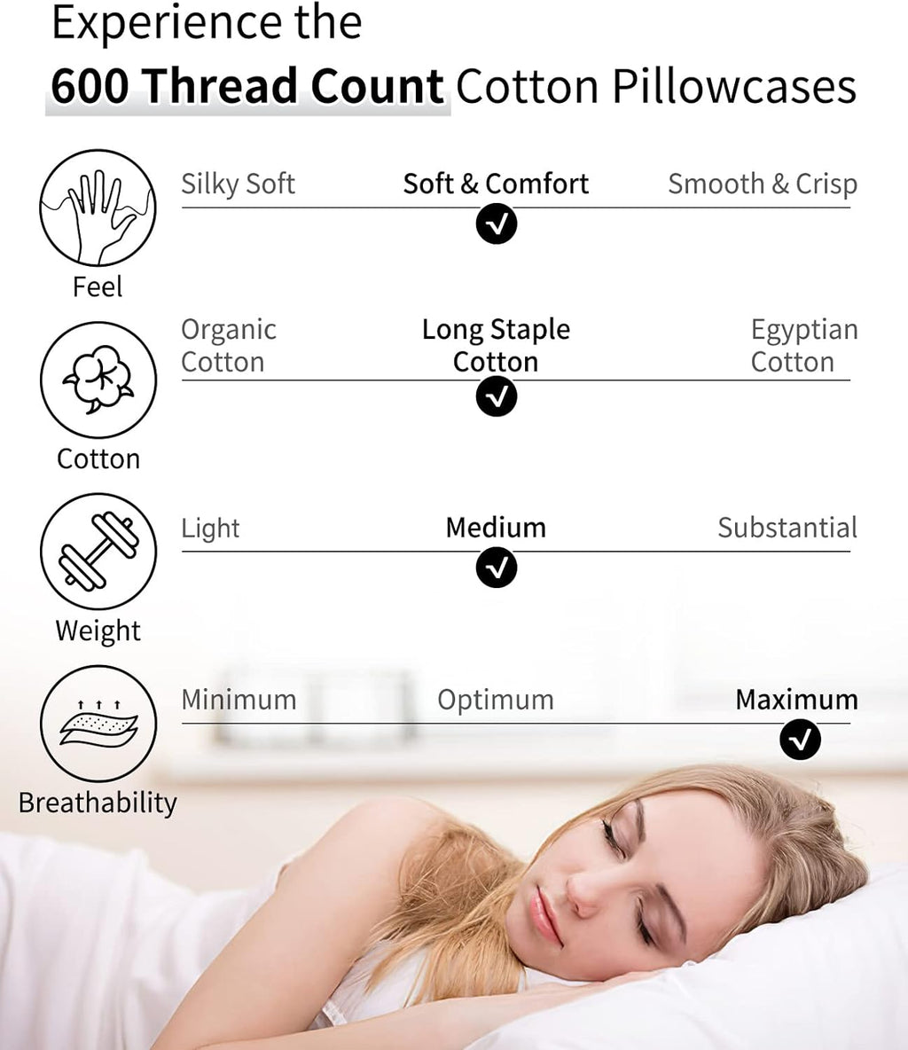 Warmstar King Size Cotton Pillowcases - Set of 2, 600 Thread Count, Soft & Breathable White 20x36 Inches