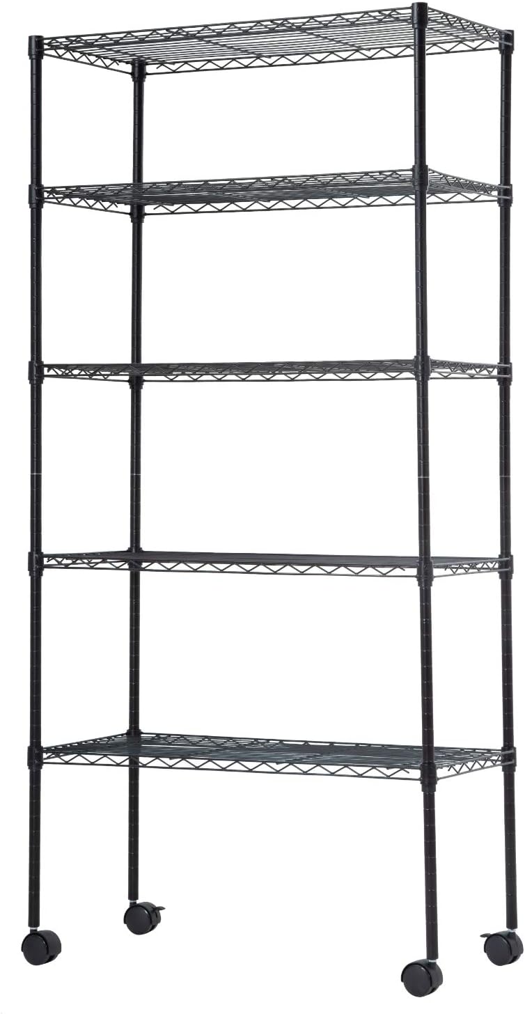 BestOffice 5-Tier Wire Storage Shelves - Adjustable Heavy-Duty Metal Racks with Wheels | 14x30x60 | Black | Holds Up to 220 lbs | Easy No-Tool Assembly for Home & Garage