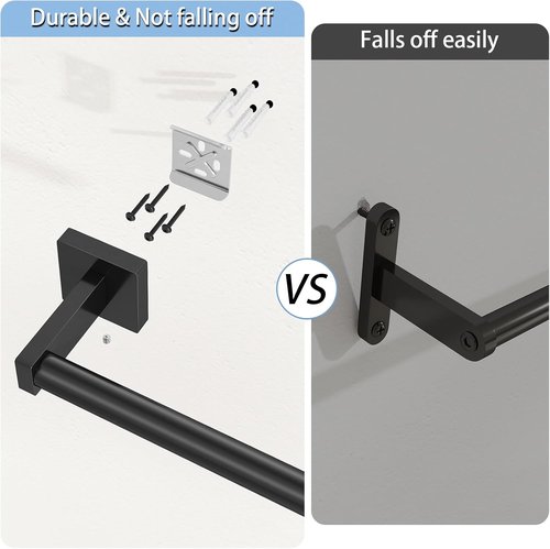 MKO Towel Bar - 24" Black Hand Towel Holder Rod | Wall-Mounted Metal Bathroom Rack, 2 Pack
