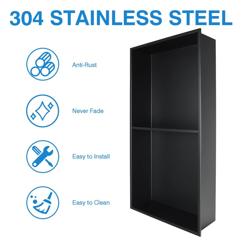 BWE Bathroom Wall Niche,12" X 24" X 4" Stainless Steel Shower Niche,Rimless Recessed Shower Shelf for Bathroom,Double Shelves Niche,No Tile Needed Matte Black