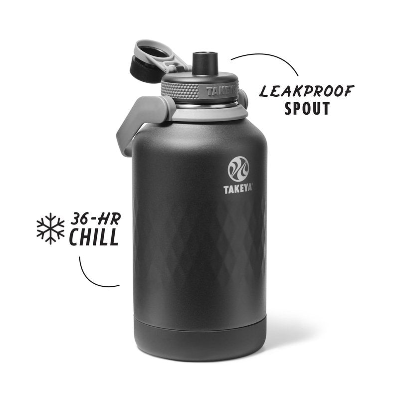 Takeya Sport Triple Insulated Water Bottle with Spout Lid and Ice Blocker (64 oz, Obsidian) - Triple Wall, Leakproof, Stainless Steel Water Bottle for Gym & Outdoor Use