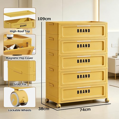 300QT Foldable Storage Cabinet - 5-Tier Organizer with Magnetic Door & Wheels | Space-Saving Unit in Red