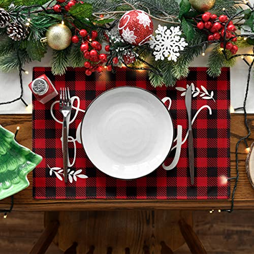 Black/Red Buffalo Plaid Placemats Set of 4 - 12 x 18 Inch Washable Dining Table Mats