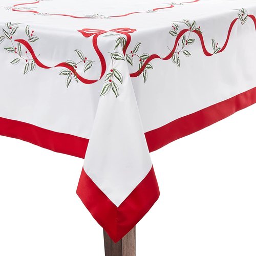 Violet Linen Christmas Holly Leaves Poinsettia Ribbon Bows Polyester Embroidered with Trim Border Tablecloths, 70" X 88", White