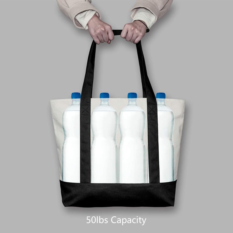 TOPDesign 3-Pack Canvas Tote Bags with an External Pocket, Reusable Grocery Shopping Bags, Top Zipper Closure, Daily Essentials (Black/Natural)