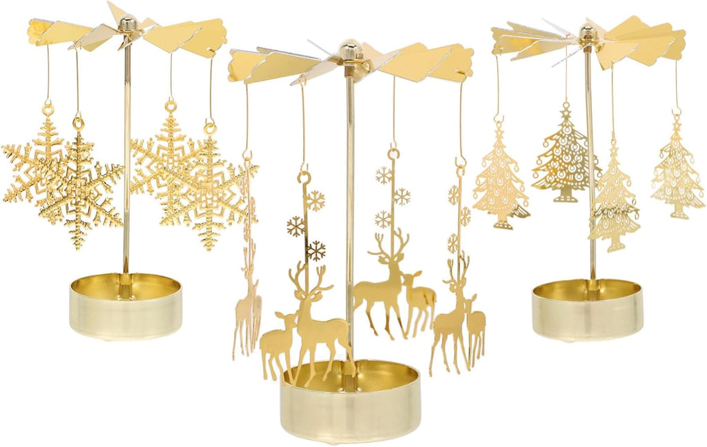 Zerodeko Rotary Candle Holder Set - 3pcs Metal Spinning Windmill Design for Christmas Table Centerpieces