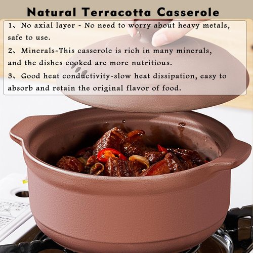 Natural Terracotta Casserole with Lids Clay Pots for Cooking, Unglazed Earthenware Rice Pots (UpgradeT3-2.64QT)