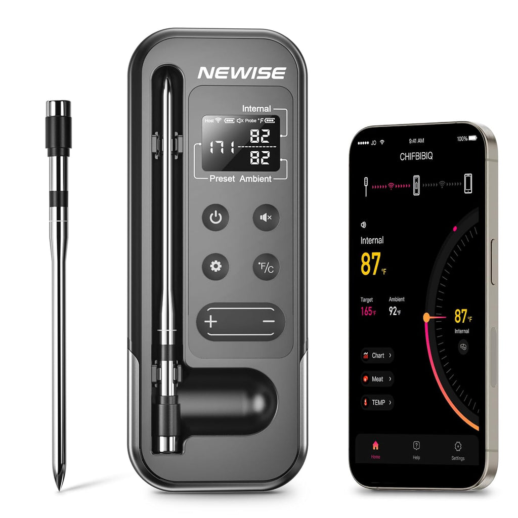 Newise Bluetooth Meat Thermometer - 800FT Wireless Range, Smart App & Rechargeable Probe | Ideal for BBQ & Grilling