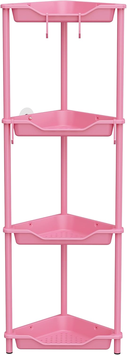 Orimade Rustproof 4-Tier Corner Shower Caddy Organizer - Durable Plastic & Metal, Pink | 10.8 x 10.8 x 44.6 Inches