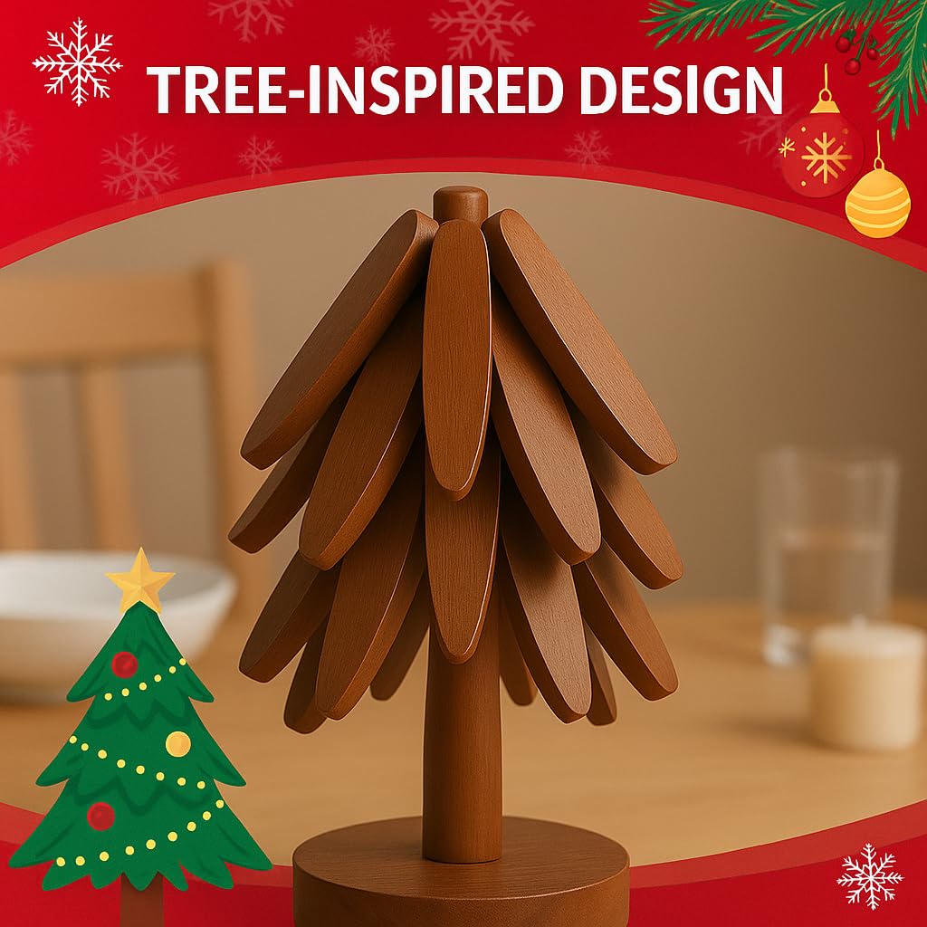 2025 𝗡𝗘𝗪 Premium Set of 4 Foldable Sapele Wood Tree Shape Trivets for Hot Pots & Pans
