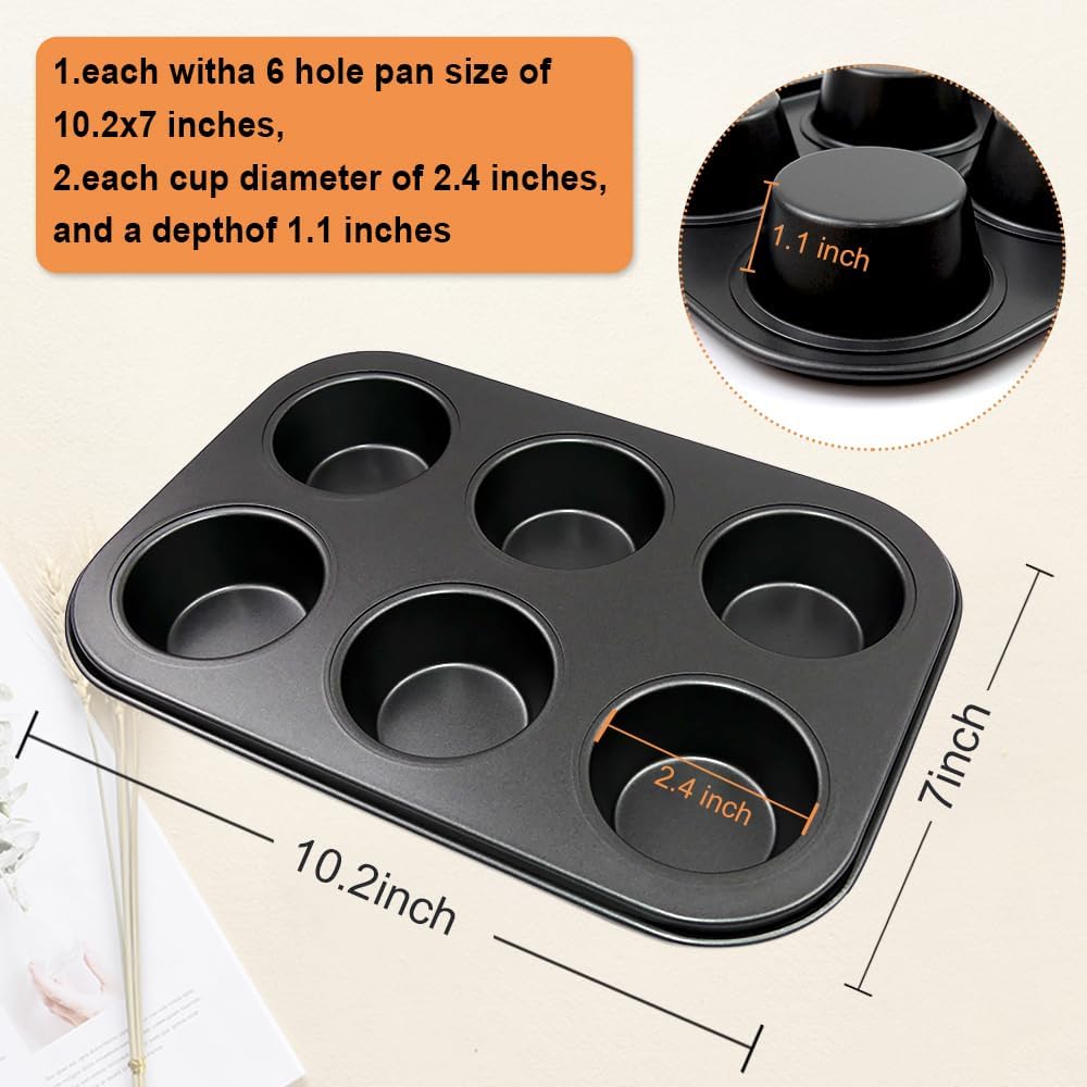 Premium Steel Muffin Pan by [Brand Name] - 2 Pack Round Baking Tray for Muffins & Cupcakes (Black, 6 Cup)