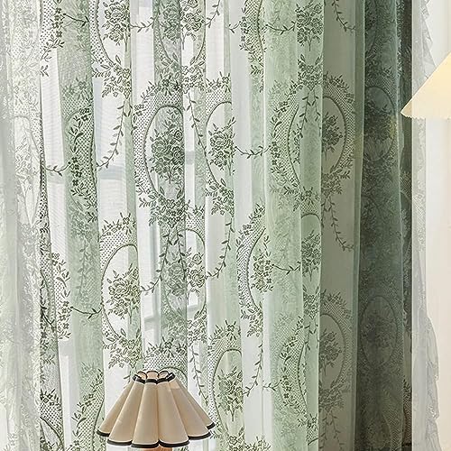 Lace Sheer Curtains with Scallop Ruffle - 70 Inch Vintage Floral Panels - 2 Pack