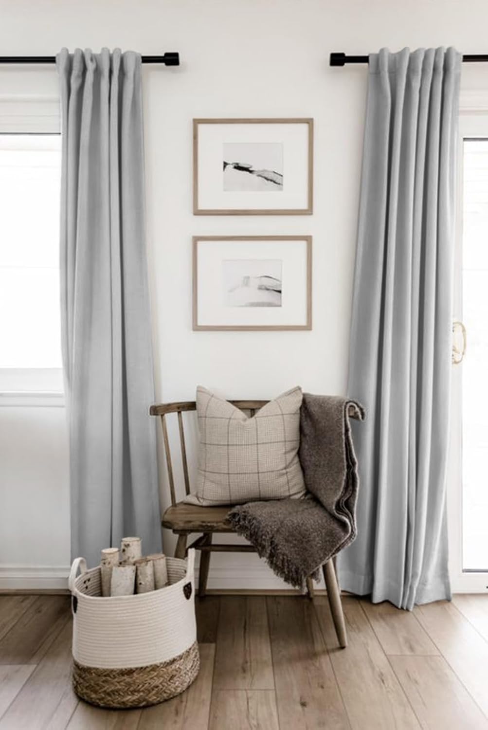 Skiennix 100% Blackout Linen Curtains - Thermal Insulated Drapes for Bedroom | 63" Long, Grey, 2 Panels Set