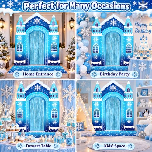 YLOLUL Wonderland Castle Arch Door Banner Set - Blue Snowflake Winter Wonderland Theme for Girls Birthday & Christmas Party