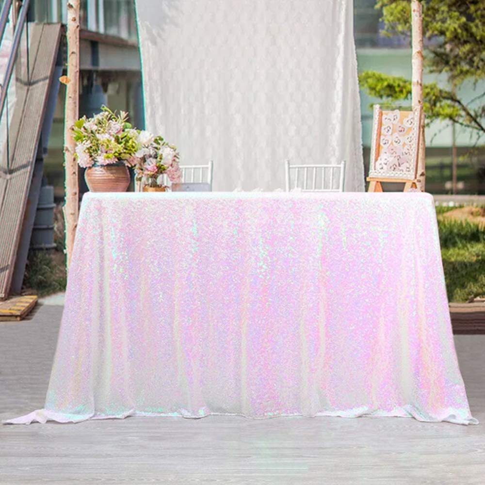 SoarDream White Iridescent Sequin Tablecloth 60x102 Inches Sparkle Table Cloth Cover for Wedding Birthday Party Dinner Cake Buffet Table Decoration