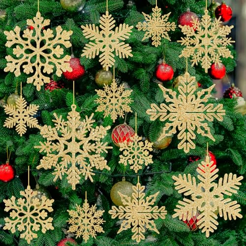 BOUBONI 48 Pcs Snowflake Christmas Ornaments – Gold, 4 Styles, 2/3/4in, Hanging Ribbon