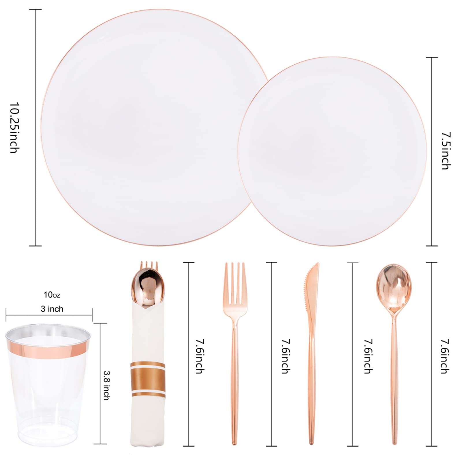 LUODA 350PCS Rose Gold Plastic Plates, Rose Gold Dinnerware Sets include：100 Party Plates, 50 Pre-Rolled Napkins with Rose gold Silverware and 50 10OZ Plastic Cups,Idea for Party