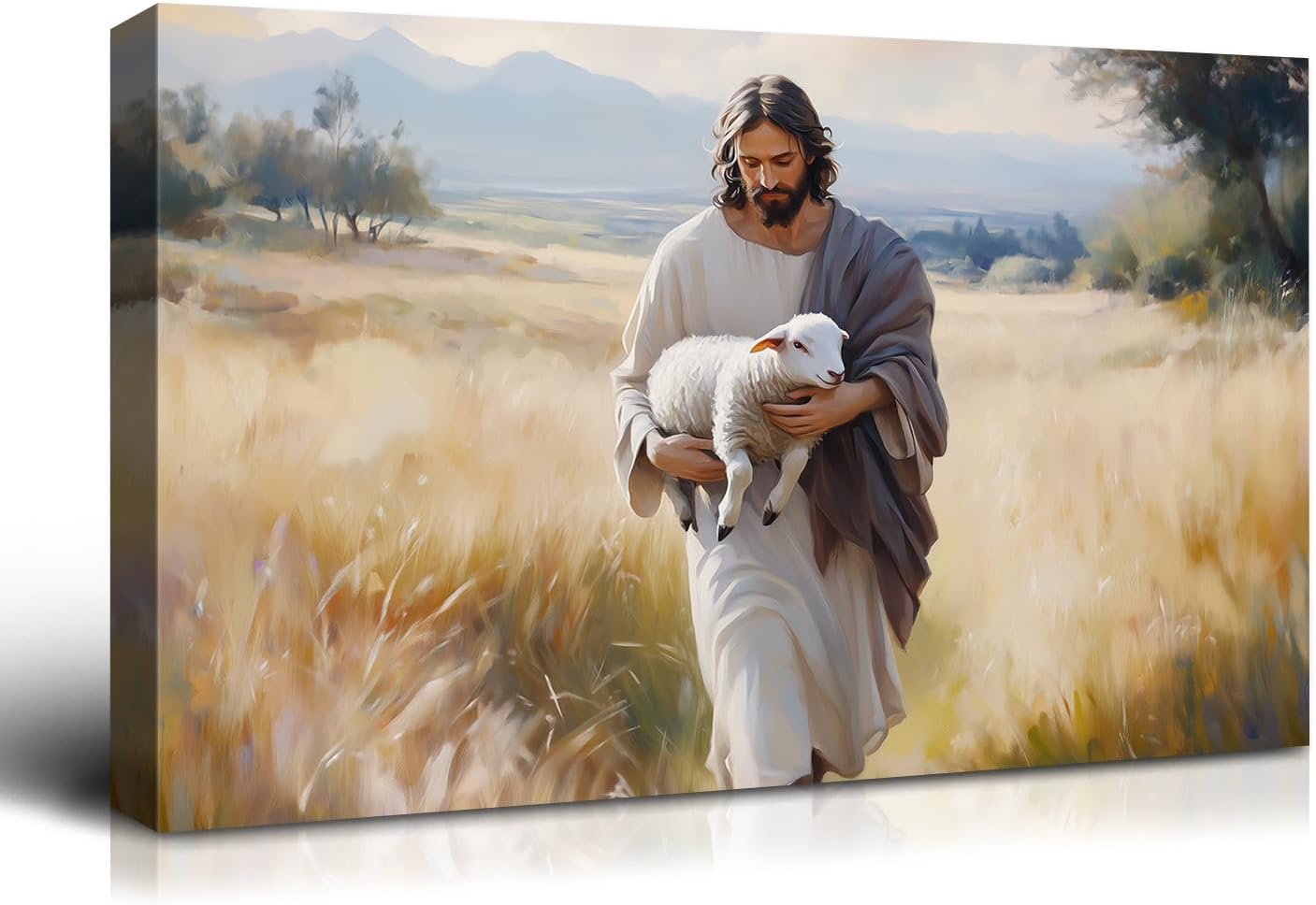 Wewejia Jesus and Lamb Canvas Wall Art - Large 46x32 Inch Religious Faith Painting for Home Decor