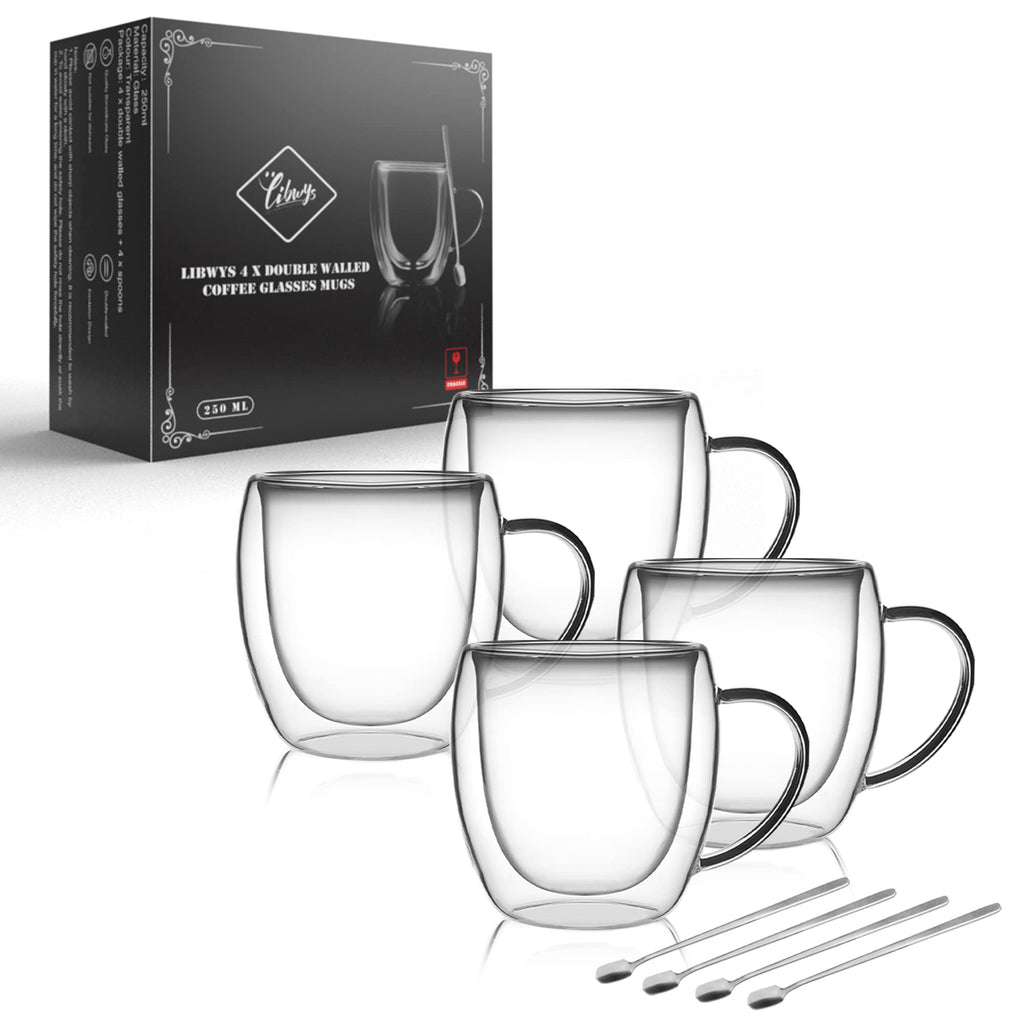 LIBWYS 4 Pack 250ml Double Walled Glass Coffee Mugs with 4 Spoons, Cappuccino Latte Tea Cups with Handle, Heat Resistant Drinking Glasses