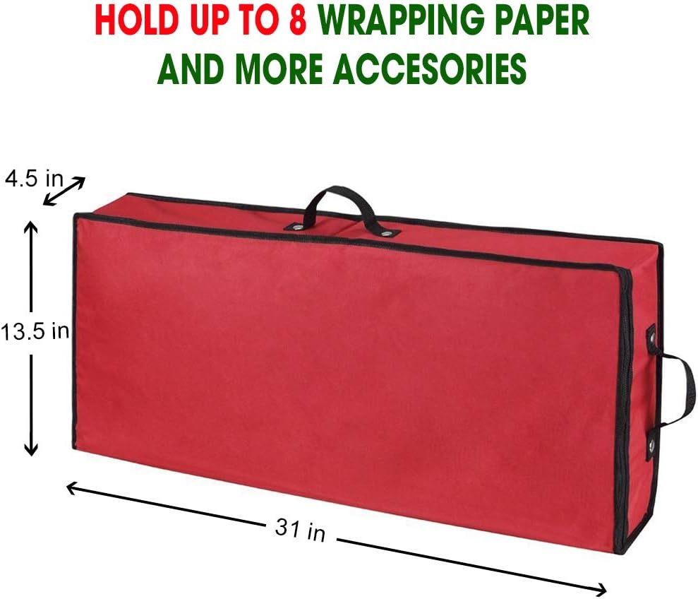 Primode Wrapping Paper Storage Container - Under Bed Gift Wrap Organizer for 30-Inch Rolls | 31”x13.5”x4.5” | Durable 600D Oxford Material with Pockets for Ribbons and Bows (Red)