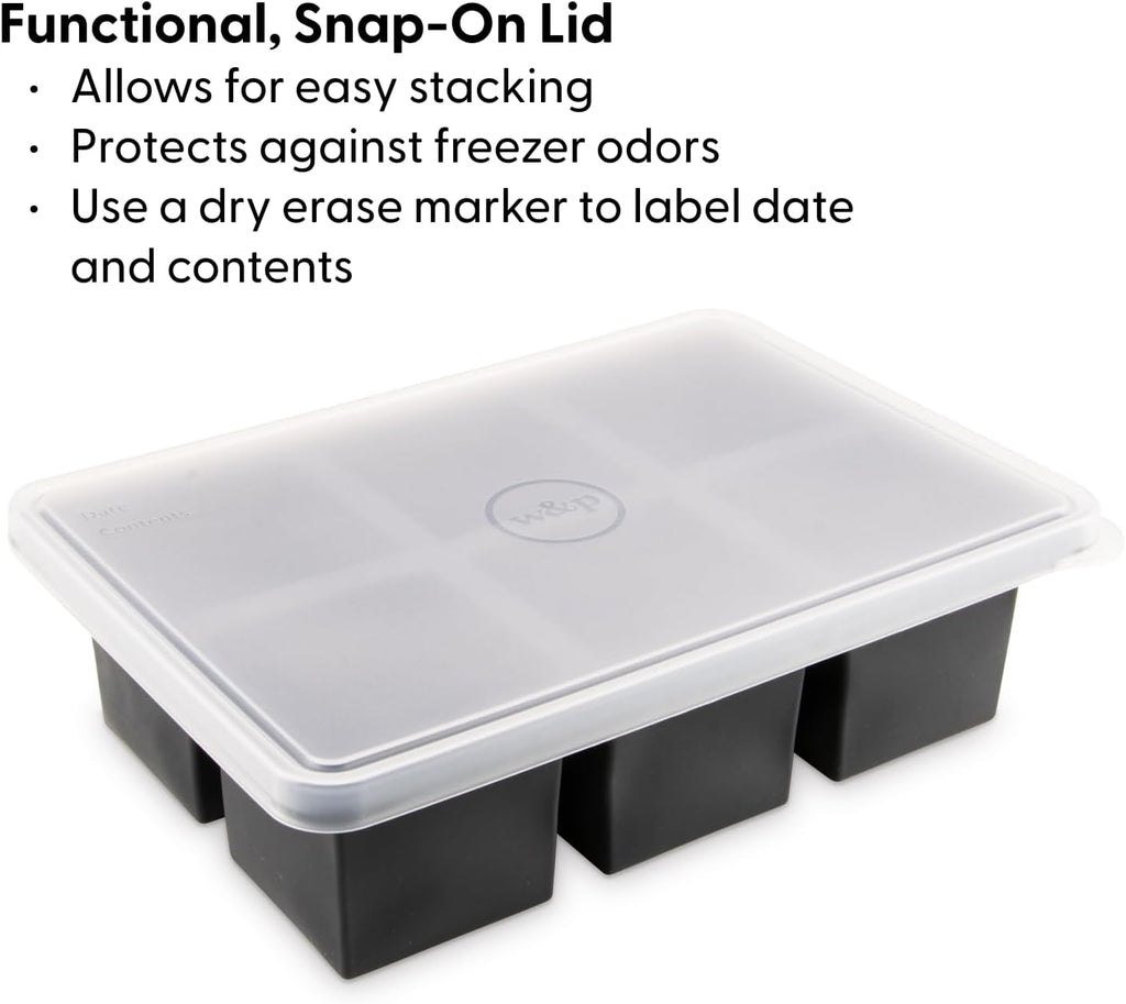W&P Cup Cubes Silicone Freezer Tray - Blue 6-Cup Portion Maker for Soup, Broth & Leftovers | Dishwasher Safe