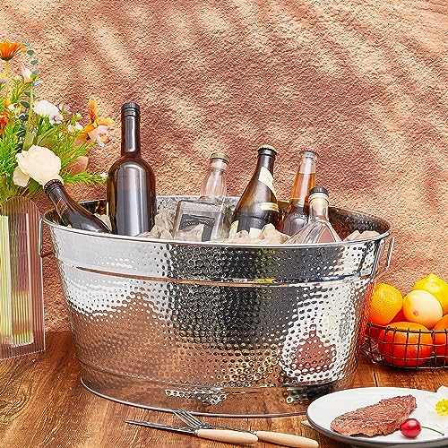 Uiifan 2-Piece Oval Silver Stainless Steel Ice Buckets - Large 6 Gallon Beverage Tubs