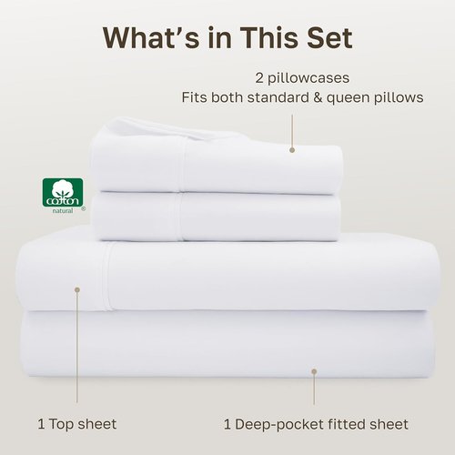California Design Den Queen Sheet Set - 100% Cotton, 400 Thread Count, Silky Smooth Sateen, Deep Pockets - White