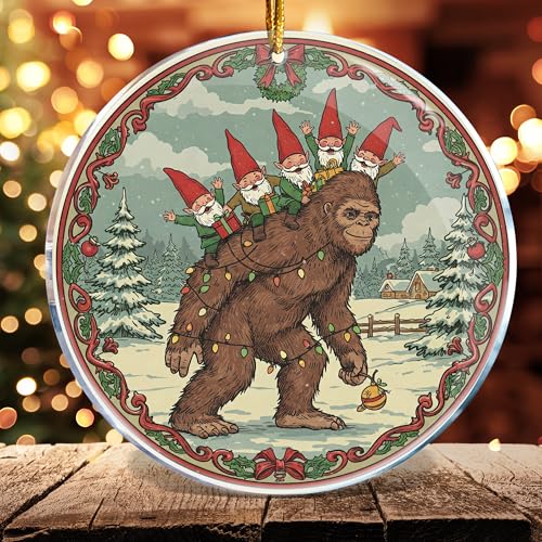 Bigfoot Gnome Christmas Ornaments Set - Funny Sasquatch Holiday Decorations - Acrylic Gnome Christmas Decor - ROCI