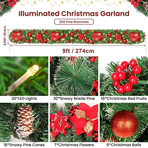 GARITE 6# 9FT Lighted Christmas Garland with 30 LEDs, Battery Operated, for Home & Holiday Decor