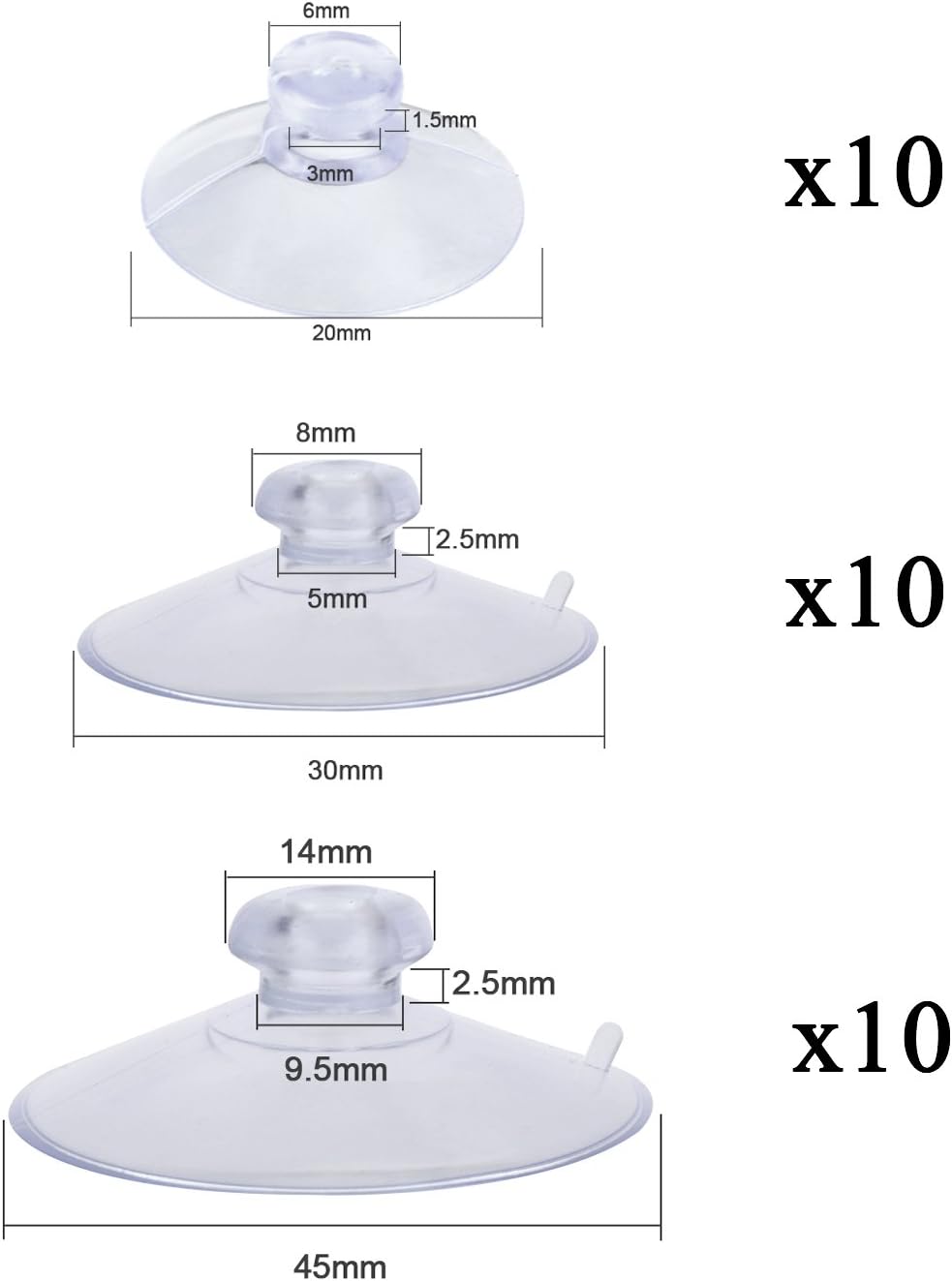 Whaline Suction Cup Pads - Clear Plastic Suckers in 3 Sizes (45mm, 30mm, 20mm) - 30 Pack