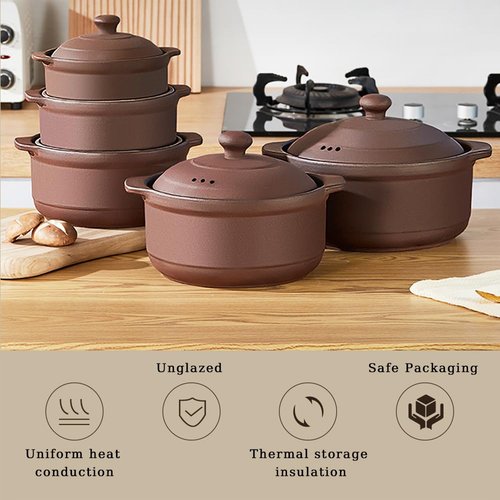 Natural Terracotta Casserole with Lids Clay Pots for Cooking, Unglazed Earthenware Rice Pots (UpgradeT3-2.64QT)