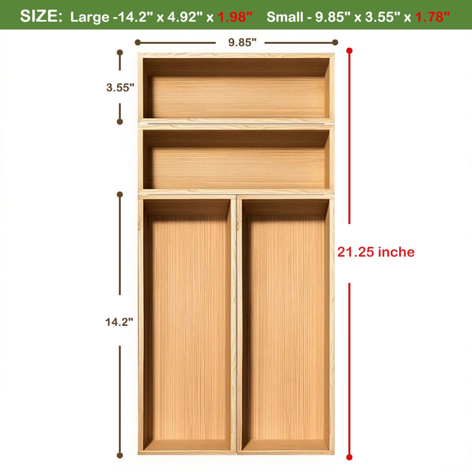 guiogc Bamboo Drawer Silverware Organizer, Flatware Organizer, Bamboo Storage Box for Office, Bathroom and other objects storage (large14.2 x5 x2 Small 9.85"x3.55"x1.78"- Set of 4)