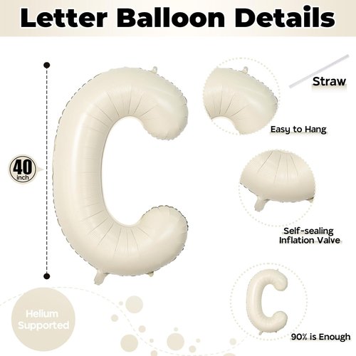 Giant Alphabet C Foil Balloon - 40 Inch Nude Cream Custom Mylar Letter for Birthday & Baby Shower Decor