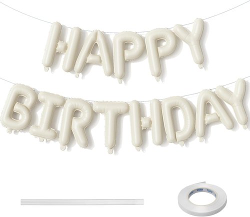 Happy Birthday Balloon Banner by Cream - Neutral Beige Foil Balloons | 16 Inch Ivory White Party Decor