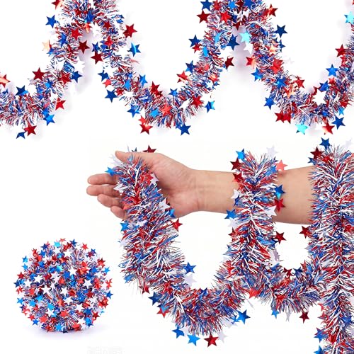 50ft Patriotic Star Tinsel Garland - Red White & Blue July 4th Decor